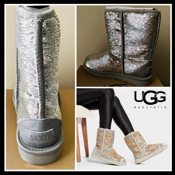 UGG Classic Short Cosmo Sequin Silver & Gold Boots - Picture 5 of 13